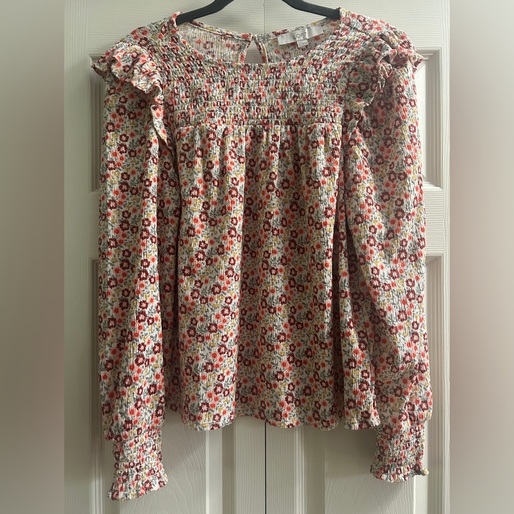 Loft Shirt Women’s size L Multicolor Floral Top Smocked Ruffle Cottagecore Fall